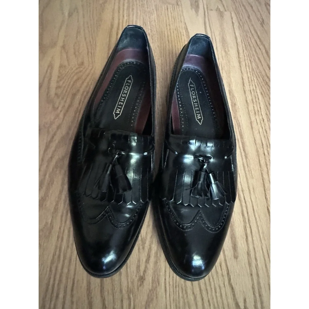 Vtg Florsheim Black Leather Tassel Loafers 10 1/2 D Kiltie Dress Shoes RUNS BIG